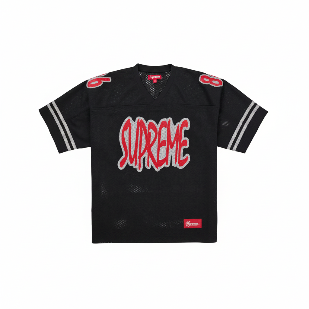 Supreme Reflective Football Jersey Black fronte con margine